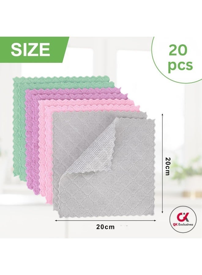 حصريات كيو كيه - قطعة قماش تنظيف متعددة الاستخدامات من الألياف الدقيقة، بوجهين، مع سلك فضي على الوجه الآخر، في علبة واحدة [عبوة واحدة تحتوي على 20 قطعة] - قابلة لإعادة الاستخدام والغسل - تنظيف سريع للأواني، والمواقد، والأحواض، والقدور، والمقالي، وشحوم الأسطح، والأوساخ، وبقايا الترسبات الكلسية، وقطعة قماش للتنظيف المنزلي والمطبخي. (ألوان متنوعة) - Image 3